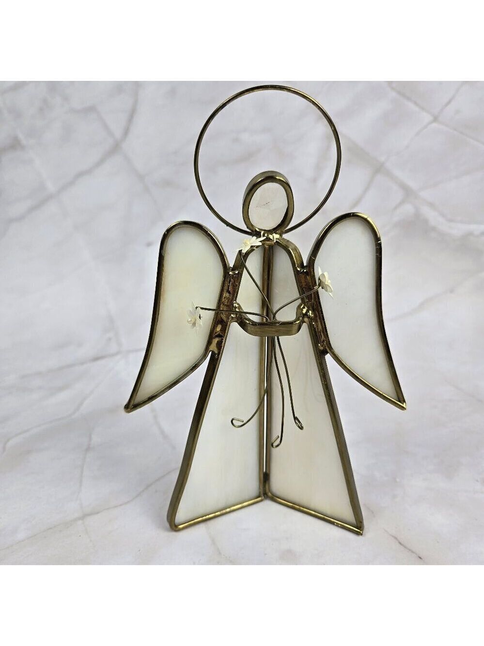 Vintage Stained Glass Angel White With Gold Holding Three Flowers Slag Glass